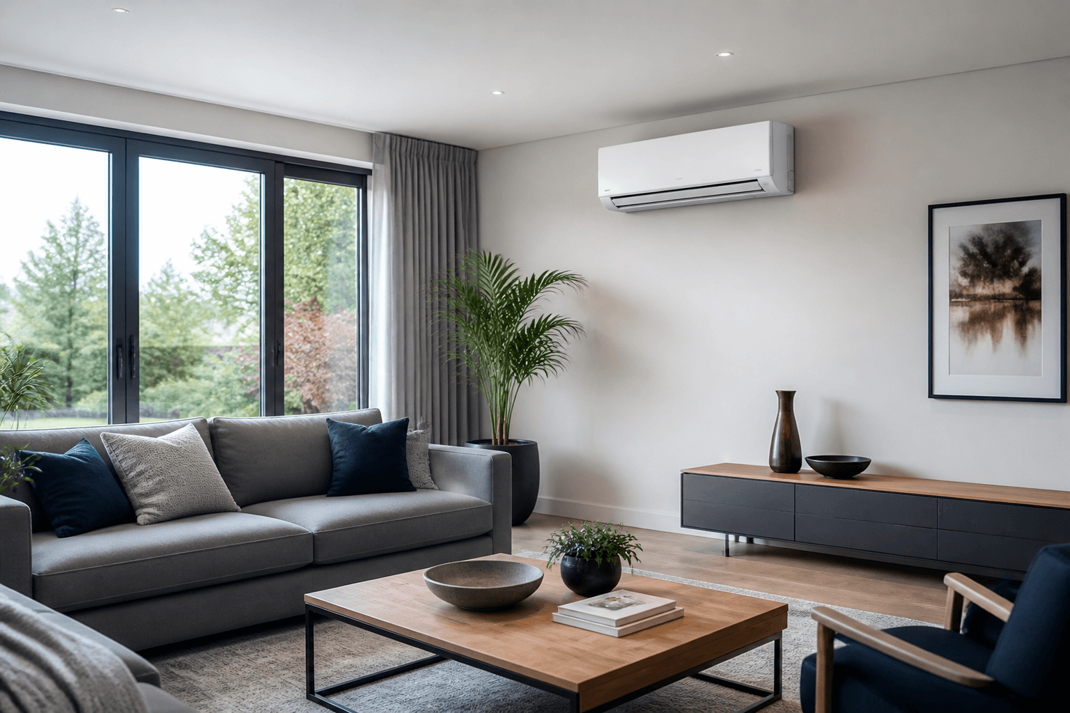 Wall-mounted air conditioner in a modern living room
